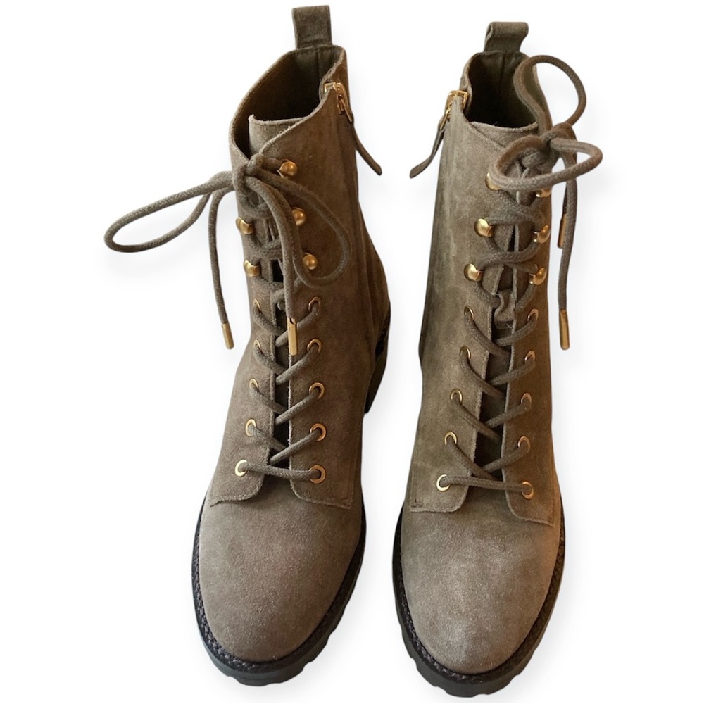 Tory Burch Suede Combat Lug Sole Lace Up Boots Nat River Rock Brown 85071 Gold - Picture 7 of 12